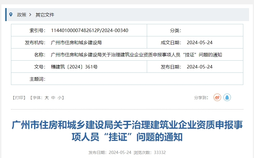 广州市住房和城乡建设局关于治理建筑业企业资质申报事项人员“挂证”问题的通知丨 穗建筑〔2024〕361号
